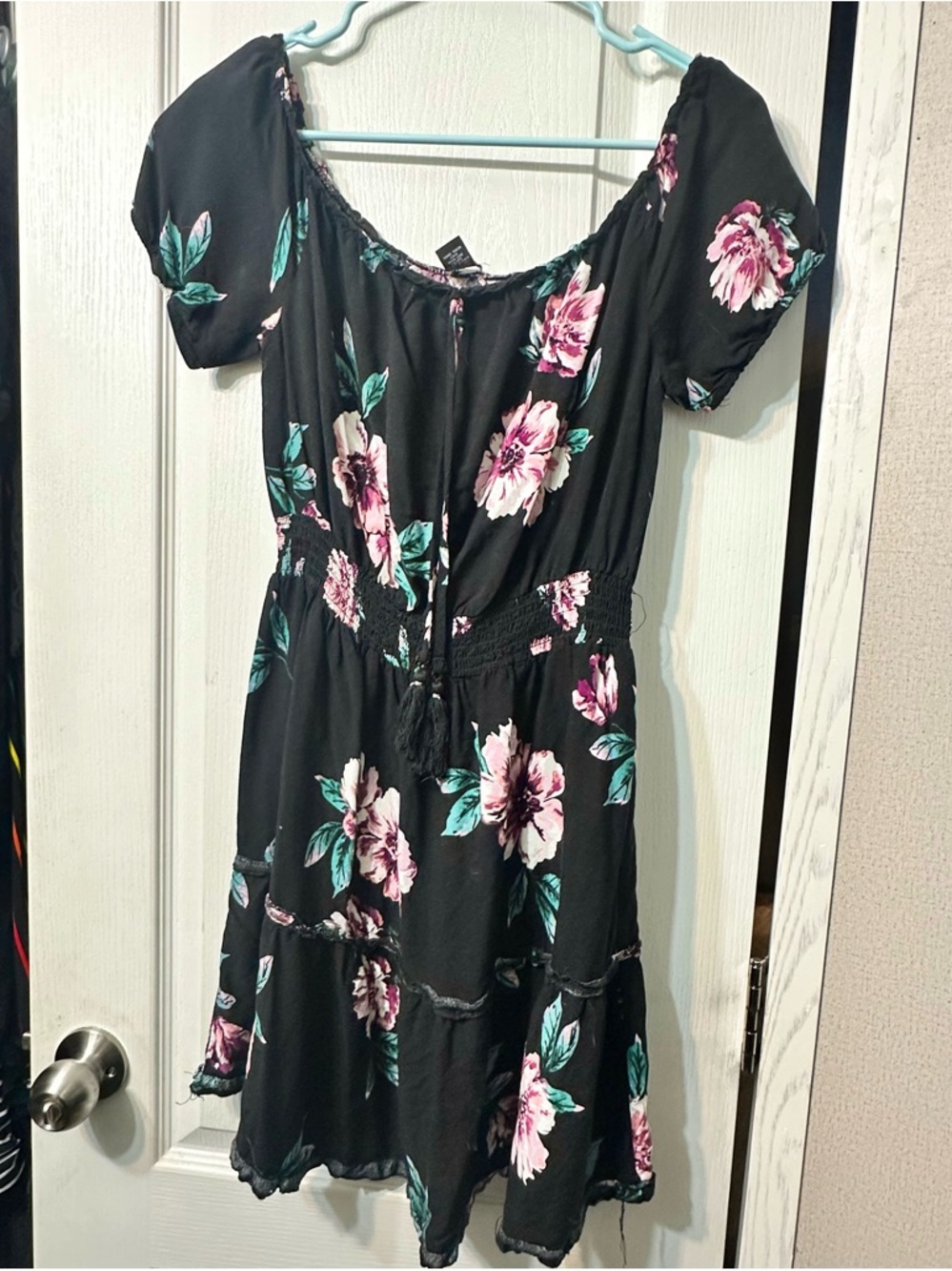 Rue21 Black Off-Shoulder Mini Dress with Pink Floral Print